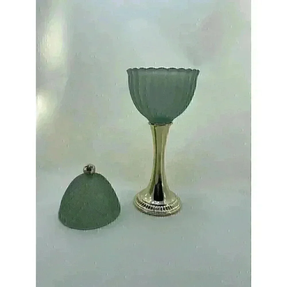 Vintage 1968 Avon Green Regence Tall Pedestal Candle‎ Holder with Lid Gold Base​